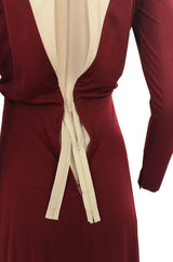 Fall 1973 Geoffrey Beene Graphic Burgundy and Taupey Cream Jersey Dress