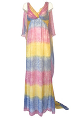 1990s Christian Dior Pastel Rainbow Silk Chiffon Caped Back Goddess Dress