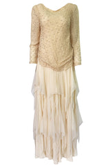 1970s Stavropoulos Cream Beaded Lace & Silk Chiffon Ivory Dress