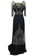 c.1910 Toutmain Paris Hand Beaded & Sequin Black Silk & Net Trained Gown