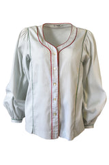 1970s Yves Saint Laurent Ribbed & Piped Cotton Top w Balloon Sleeves