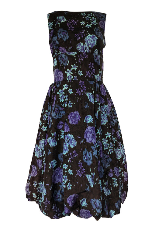 1950s Warped Floral Print Moire Silk Taffeta Bubble Skirt Dress