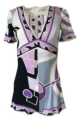 1970s Emilio Pucci Pale Purple Print Silk Jersey One Piece Playsuit