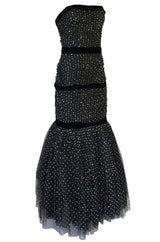 Late 1980s Oscar de la Renta Silver Glitter on Net Dress w Velvet Bows