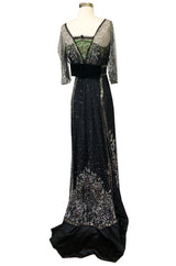 c.1910 Toutmain Paris Hand Beaded & Sequin Black Silk & Net Trained Gown