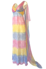 1990s Christian Dior Pastel Rainbow Silk Chiffon Caped Back Goddess Dress
