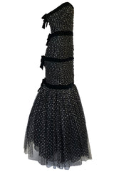 Late 1980s Oscar de la Renta Silver Glitter on Net Dress w Velvet Bows