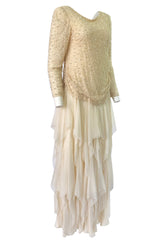 1970s Stavropoulos Cream Beaded Lace & Silk Chiffon Ivory Dress