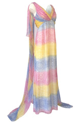 1990s Christian Dior Pastel Rainbow Silk Chiffon Caped Back Goddess Dress