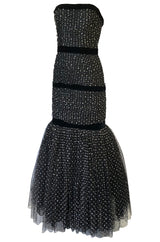 Late 1980s Oscar de la Renta Silver Glitter on Net Dress w Velvet Bows