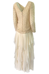 1970s Stavropoulos Cream Beaded Lace & Silk Chiffon Ivory Dress