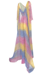 1990s Christian Dior Pastel Rainbow Silk Chiffon Caped Back Goddess Dress