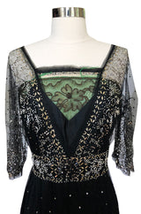 c.1910 Toutmain Paris Hand Beaded & Sequin Black Silk & Net Trained Gown