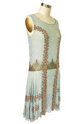 Extraordinary 1920s 3D Pink & Gold Floral Beaded Blue Flapper Dress