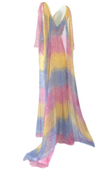 1990s Christian Dior Pastel Rainbow Silk Chiffon Caped Back Goddess Dress