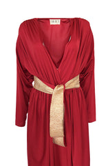 Documented 1980 Bill Tice Plunging Front Red Jersey & Gold Belt Dress