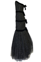 Late 1980s Oscar de la Renta Silver Glitter on Net Dress w Velvet Bows