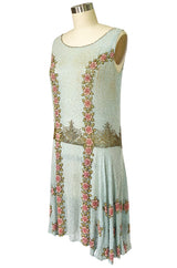 Extraordinary 1920s 3D Pink & Gold Floral Beaded Blue Flapper Dress