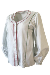 1970s Yves Saint Laurent Ribbed & Piped Cotton Top w Balloon Sleeves