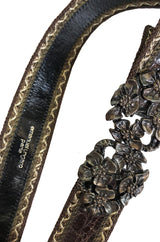 1980s Emanuel Ungaro Alligator and Metal Buckle Brown Leather Belt