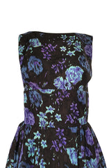 1950s Warped Floral Print Moire Silk Taffeta Bubble Skirt Dress