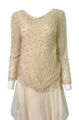 1970s Stavropoulos Cream Beaded Lace & Silk Chiffon Ivory Dress