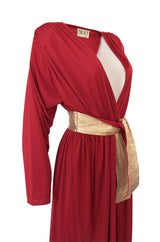 Documented 1980 Bill Tice Plunging Front Red Jersey & Gold Belt Dress