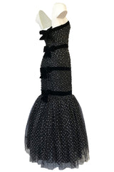 Late 1980s Oscar de la Renta Silver Glitter on Net Dress w Velvet Bows