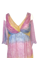 1990s Christian Dior Pastel Rainbow Silk Chiffon Caped Back Goddess Dress