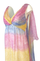 1990s Christian Dior Pastel Rainbow Silk Chiffon Caped Back Goddess Dress