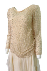 1970s Stavropoulos Cream Beaded Lace & Silk Chiffon Ivory Dress