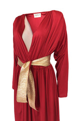 Documented 1980 Bill Tice Plunging Front Red Jersey & Gold Belt Dress