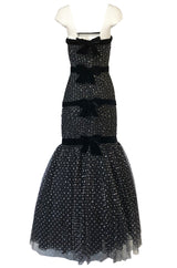 Late 1980s Oscar de la Renta Silver Glitter on Net Dress w Velvet Bows