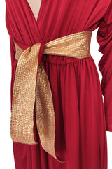 Documented 1980 Bill Tice Plunging Front Red Jersey & Gold Belt Dress