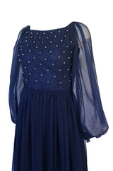 1970s Roberto Capucci Deep Blue Chiffon Dress w Beaded & Pintuck Bodice