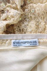 1970s Stavropoulos Cream Beaded Lace & Silk Chiffon Ivory Dress