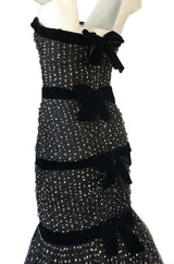 Late 1980s Oscar de la Renta Silver Glitter on Net Dress w Velvet Bows