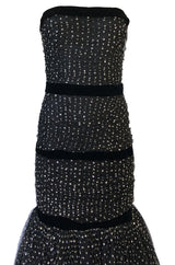 Late 1980s Oscar de la Renta Silver Glitter on Net Dress w Velvet Bows