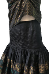 c 1945 Adrian Original Couture Black & Metallic Gold Silk Skirt & Top Dress Set