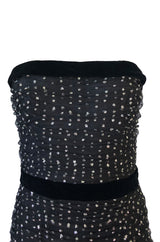 Late 1980s Oscar de la Renta Silver Glitter on Net Dress w Velvet Bows