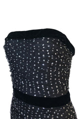 Late 1980s Oscar de la Renta Silver Glitter on Net Dress w Velvet Bows