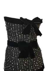 Late 1980s Oscar de la Renta Silver Glitter on Net Dress w Velvet Bows