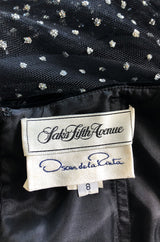 Late 1980s Oscar de la Renta Silver Glitter on Net Dress w Velvet Bows