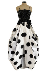 Early 1980s Possible Louis Feraud Graphic Sequin Bodice w Black & White Dotted Bubble Skirt Dress