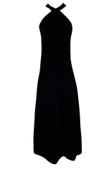 1970s Christian Dior Demi-Couture Numbered Sample Dress in Inky Black Velvet w Bow
