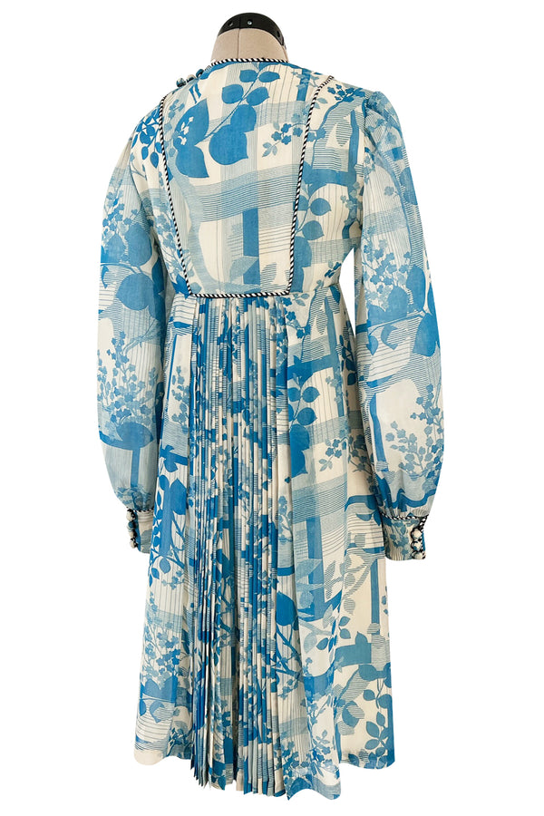 Prettiest 1960s Jean Varon Blue Floral Print Dress w Elaborate Pleating Detail