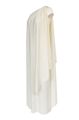 1978 Halston Off White Ivory One Shoulder Draped Jersey Maxi Dress