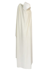 1978 Halston Off White Ivory One Shoulder Draped Jersey Maxi Dress
