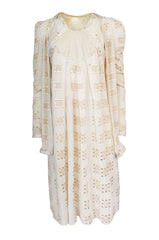 c.1971 Bill Gibb Embroidered Ivory Cotton Gauze Dress & Jacket Set