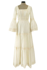 Romantic 1970s Victor Costa Mexican Wedding Dress Feel Ivory Cotton Gauze & Lace Dress